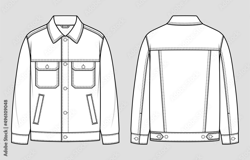 Trucker jacket. Men's casual clothing. Fashion sketch. Flat technical ...