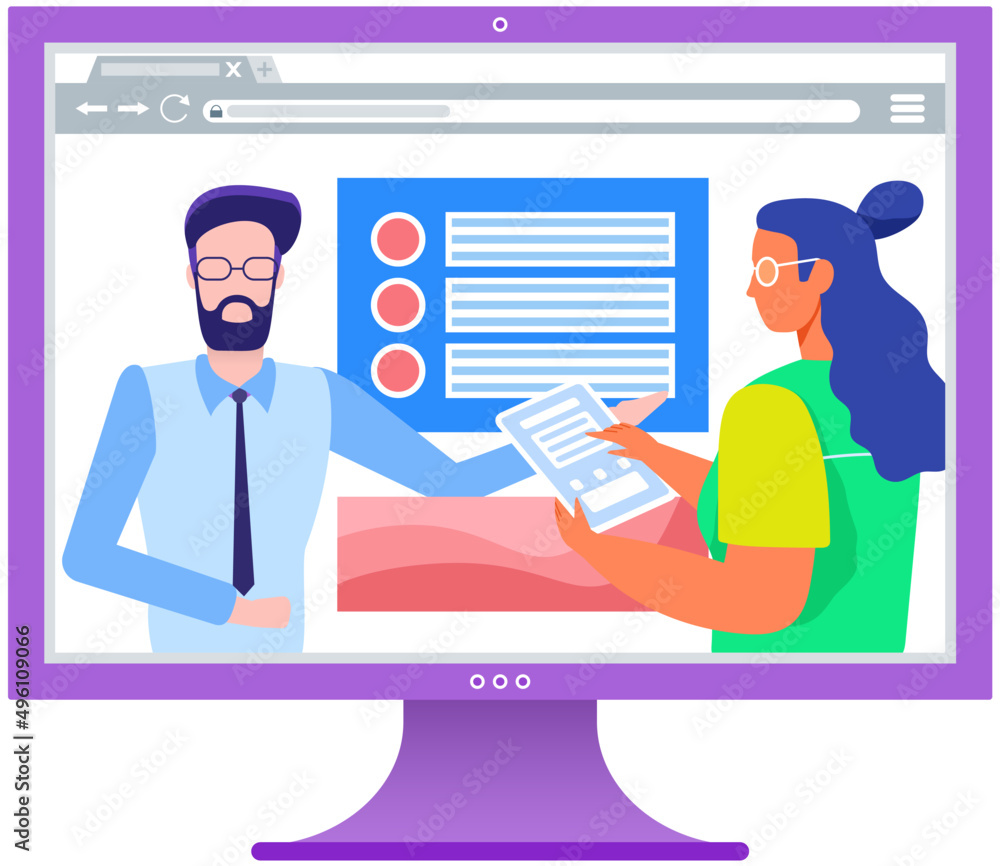 Teacher presentation course material via video on computer screen. Digital courses, online business process training. People presenting scheme. Man and woman conduct online lesson on monitor Teacher presentation course material via video on computer screen. Digital courses, online business process training. People presenting scheme. Man and woman conduct online lesson on monitor