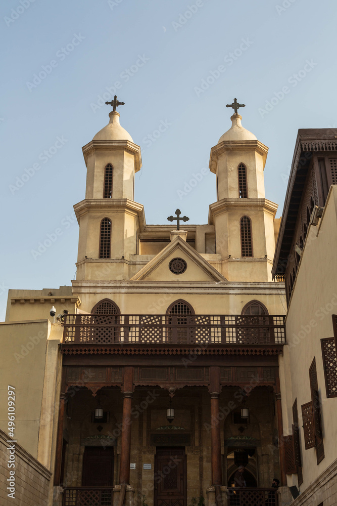 Cairo, Egypt - January 2022: Church of Mother of God Saint Mary in Egyptian Babylon), also known as The Hanging Church. 