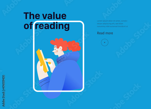 Books graphics -book week events. Modern flat vector concept illustrations of reading people - a young woman reading and sharing book, landing webpage template