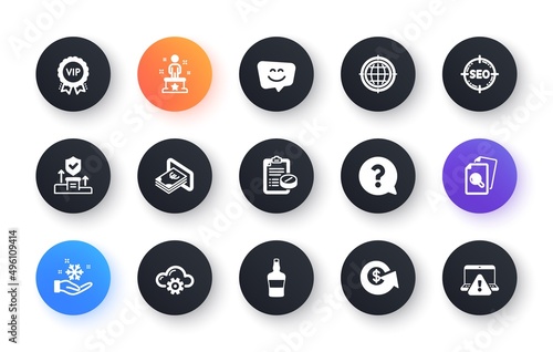 Minimal set of Scotch bottle, Cloud computing and Security agency flat icons for web development. Smile face, Success, Medical prescription icons. Freezing, Dollar exchange. Vector