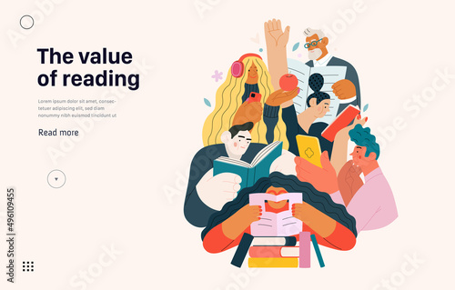 Books graphics -book week events. Modern flat vector concept illustrations of reading people - a group of men and women reading and sharing books and e-books on tablets sitting surrounded by plants