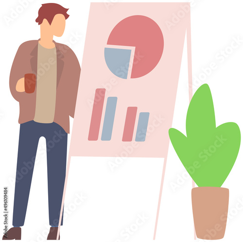 Man standing next to flipchart with diagram. Presentation board with statistical data. Business report showroom with poster and lecturer. Businessman demonstrates results of statistical research