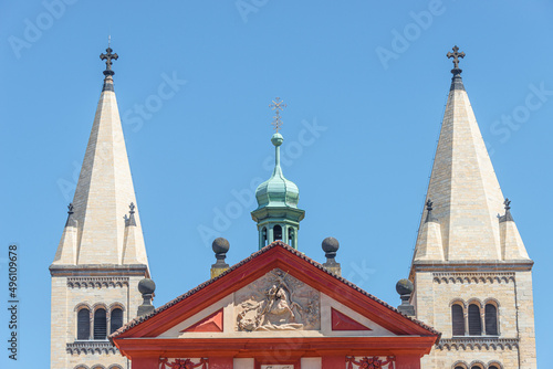 Photography Saint George Basilica with bell towers near the castle and Saint Vitus Cathedral in Prague historical downtown, Czech Republic, details, closeup
