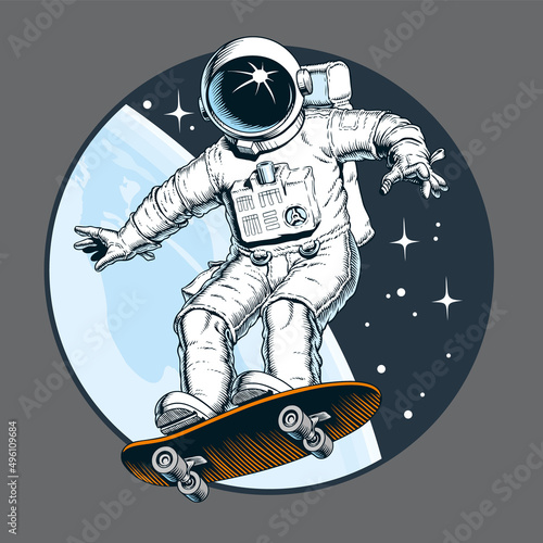 Astronaut skater riding on skateboard in outer space. Comic book style vector illustration.