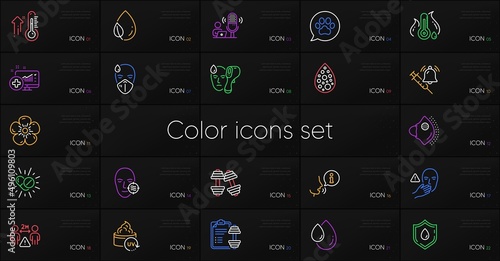 Set of Fever temperature, Electronic thermometer and Social distance line icons. Include Dumbbells, Oil drop, Blood donation icons. Sick man, High thermometer, Artificial colors web elements. Vector