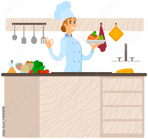 Best chef logo Woman holds plate with ready-made meal. Restaurant service, breakfast or dinner dish vector. Design for restaurant menu. Female kitchener serves dish from chef, healthy food at cafe