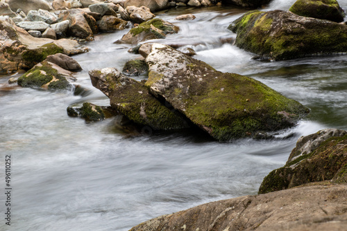 Fast flowing water waterfalls flowing through the Aberglaslyn Pass near to Beddgelert  in Snowdonia National Park  north Wales