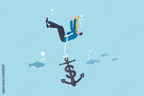 Sunk cost investment problem, cost that already been incurred and effect investing decision, psychology or money loss aversion concept, businessman investor drowning with sinking dollar money anchor.
