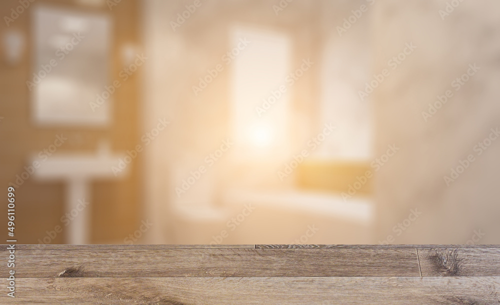 Background with empty table. Flooring. Clean and fresh bathroom with natural light. 3D rendering.. Suns Background with empty table. Flooring. Clean and fresh bathroom with natural light. 3D rendering.. Suns