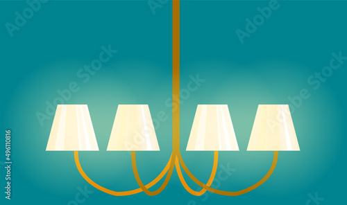 Lamp with decorative shades. Interior design element for room lighting. Hanging chandelier with gilding and bulbs. Home lighting item. Chandelier, lamp with light isolated on white background
