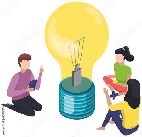 People sitting near burning light bulb. Teamwork, group businessmen create new ideas for start-up, communicate among themselves in areas of marketing, design and advertising, innovation issues