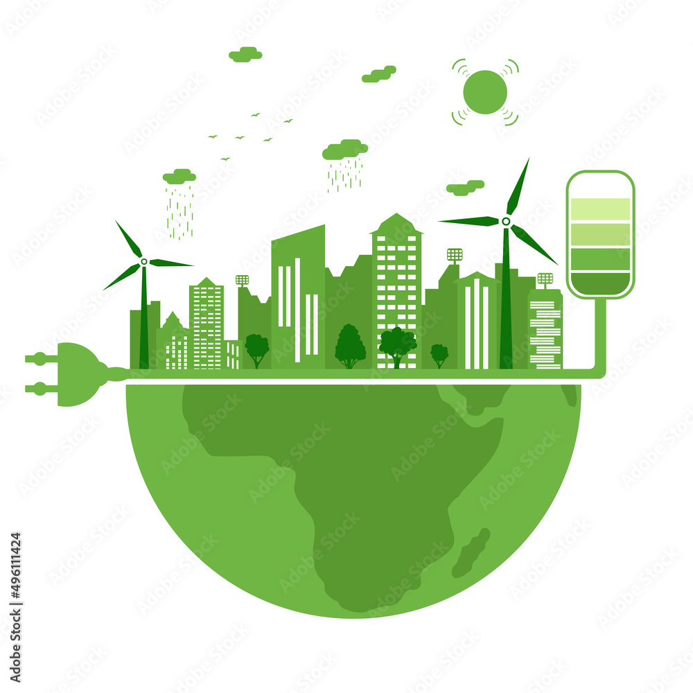 Ecological city and environment conservation. Eco friendly charging symbol with plug electric. Green city with renewable energy sources. Earth day.