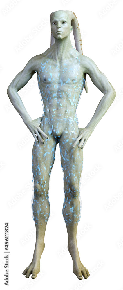 3D Rendering Green Alien on White