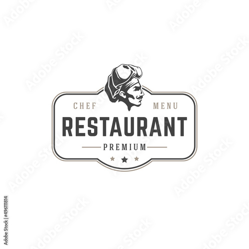 Restaurant logo template vector object for logotype or badge design. Trendy retro style illustration, chef man silhouette.