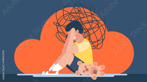 Child protection. The little boy is sitting on the floor and crying. Insecurity, bullying of children. Sad boy. Flat design. Bullying, harassment of children. Abstract flat illustration. photo