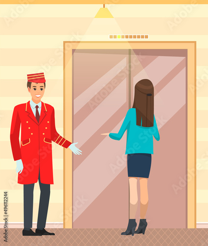 Bellboy near modern elevator, door to cabin of lift. Hotel employee opening door of lift to female visitor. Young man in uniform working as porter. Doorman and woman standing next to elevator