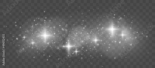 The dust sparks, stars shine with special light. White sparks and stars glitter special light effect. Christmas abstract pattern.