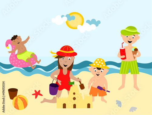 Summer funny color vector image.Multinational happy children play on the beach by the sea.Holidays sand castle swim ring pink flamingo  ice cream.Eps digital illustration for poster banner website