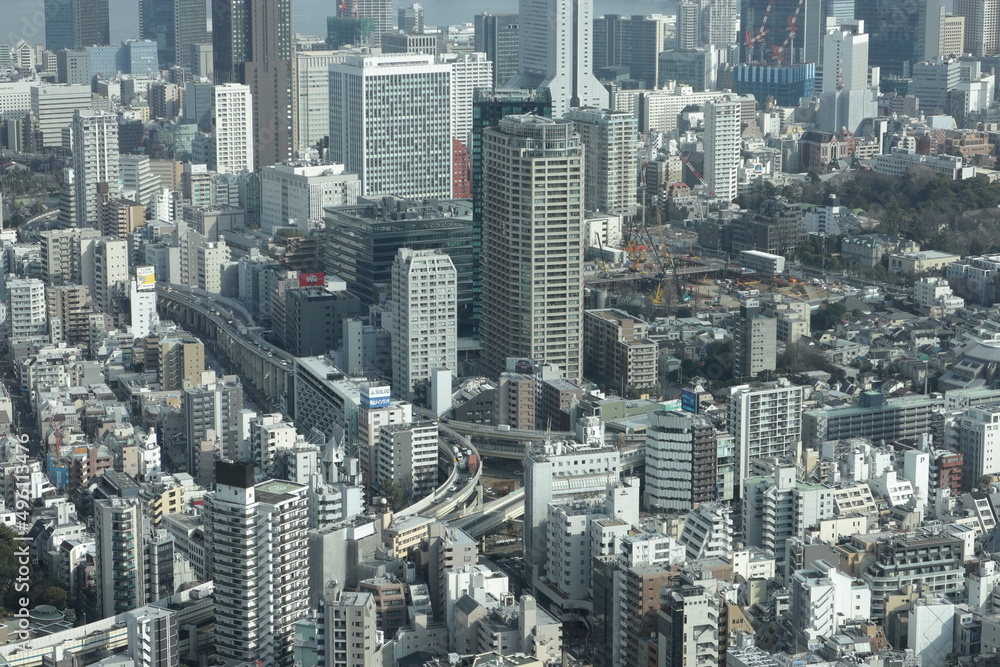 日本の東京の街並み。密集したビル群。高層ビルの展望室から撮影。