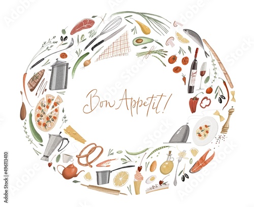 Oval frame. Cooking, food, wine, dishes. Banner design with restaurant food on a white background. Cute cartoon style. Stock illustration.