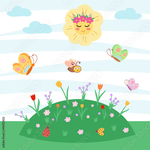 Summer landscape  meadow with flowers and sun. Vector Illustration for printing  backgrounds  covers  packaging  greeting cards  posters  stickers  textile and seasonal design.