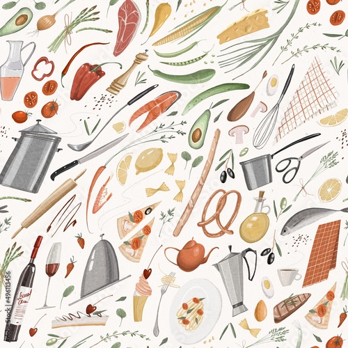 Cooking seamless pattern. Dishes and food. Cartoon style. Stock illustration.