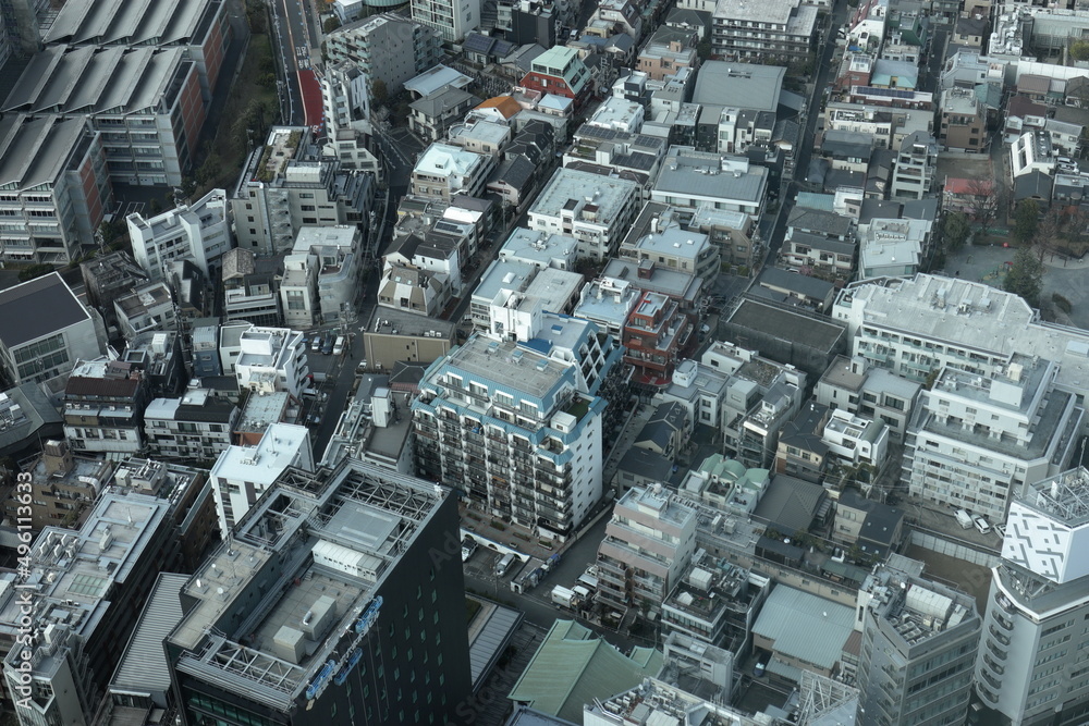 日本の東京の街並み。密集したビル群。高層ビルの展望室から撮影。