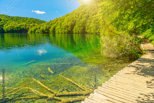 wooden jetty of Plitvice Lakes National Park in Croatia in the Lika region. UNESCO World Heritage of Croatia named Plitvicka Jezera.