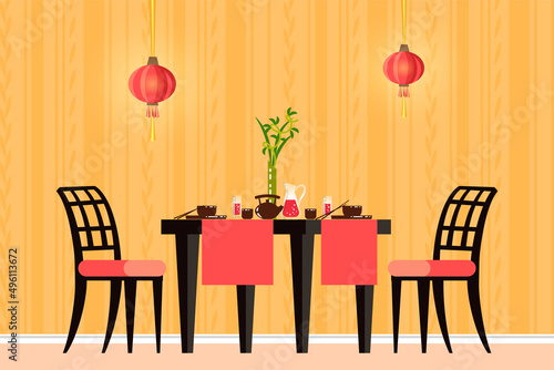 Oriental cuisine restaurant interior. Furniture in cafe with Japanese design. Vintage japan style food establishment. Laid table with dishes and drinks of Japanese cuisine. Oriental restaurant or cafe