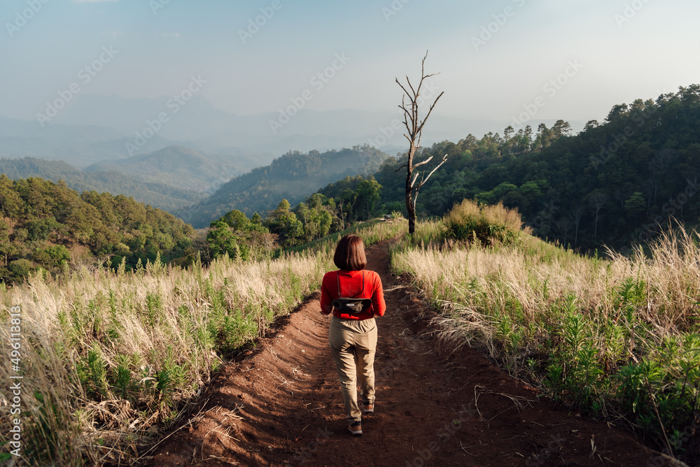 Naklejka premium A woman in a red long-sleeve with a white hat walks on golden dry grasslands at Hadubi, Chiang Mai, Thailand.