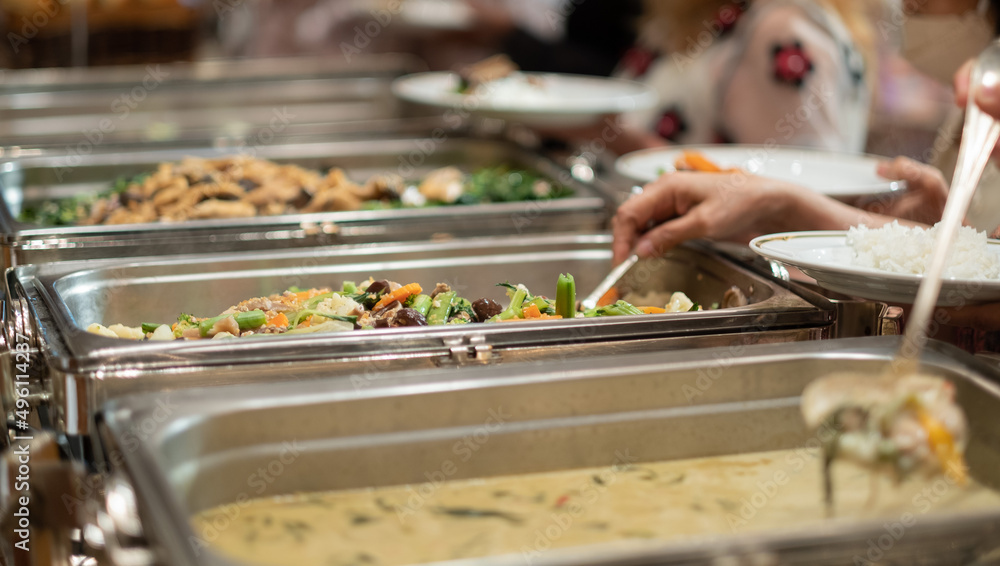Fototapeta premium buffet food, catering food party at restaurant, mini canapes, snacks and appetizers