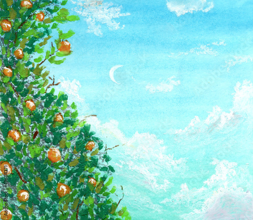 Watercolor and oil pastels illustration of a cloudy blue sky with a young moon and a tree with oranges