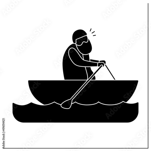 Rowing glyph icon. Man racing boat using oars. Physical activity. Prevention diseases. Sport life. Senior exercise concept. Filled flat sign. Isolated silhouette vector illustration