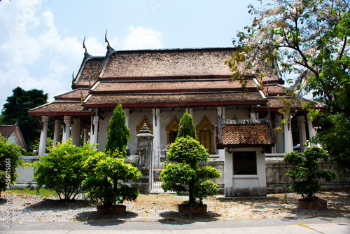 Fototapeta Naklejka Na Ścianę i Meble -  Ancient architecture antique building ubosot church for thai people and foreign travelers travel visit and respect praying buddha blessing holy worship at Wat Pho Bang O temple in Nonthaburi, Thailand