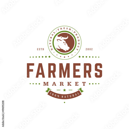 Farmers market logo template vector illustration. Farmer logotype or badge design. Trendy retro style cow head silhouette.
