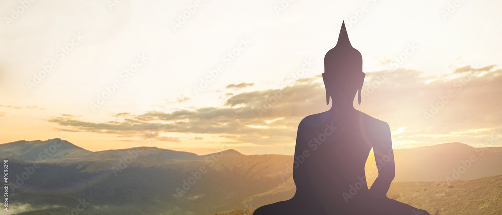 Buddhist day, Visakha Bucha Day, Buddhist lent day silhouette, Wed monks pictured at the top of the mountain and morning sunshine Background