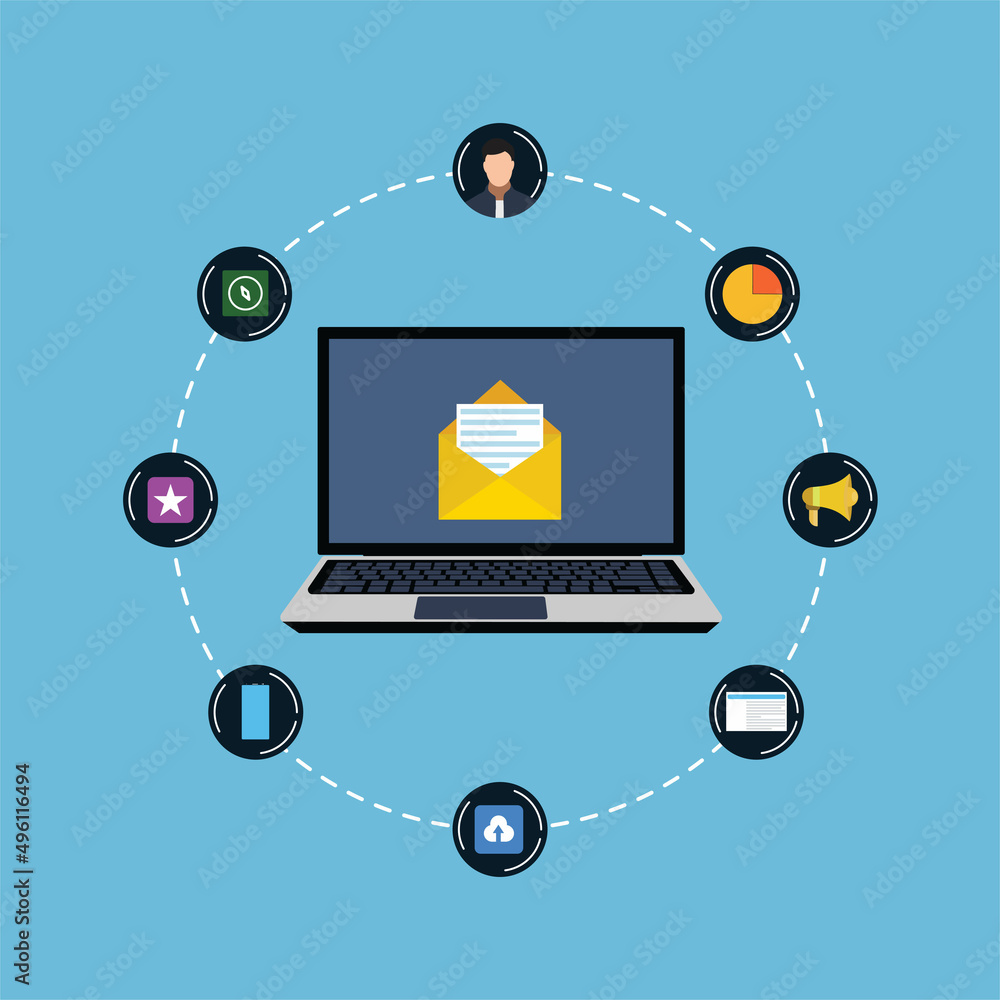 Social media marketing concept with a laptop. Online service and communication concept. Online business promotion and marketing concept vector. Business promotion and social media connection vector. Social media marketing concept with a laptop. Online service and communication concept. Online business promotion and marketing concept vector. Business promotion and social media connection vector.