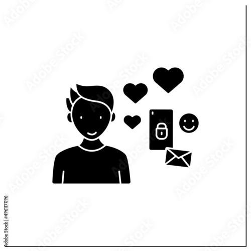 Virtual relationship glyph icon. Online love story. Pen pal relationships.Couple only in messengers. Smartphone addiction concept. Filled flat sign. Isolated silhouette vector illustration