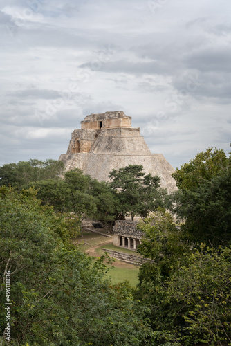 Uxmal temple complex in Yucatan  Mexico  grey sky