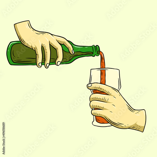 pouring beer from bottle into glass color sketch engraving raster illustration
