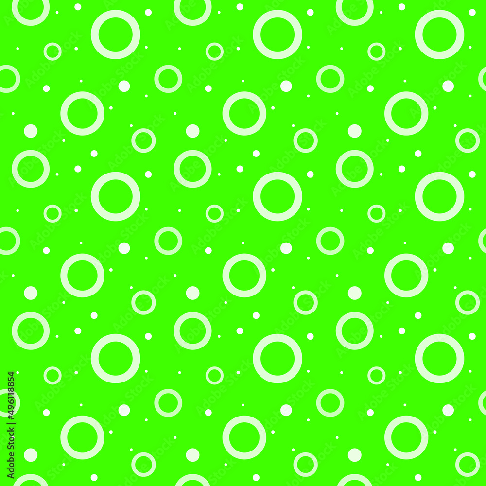 A seamless repeat pattern of white colored circles and dots on green background, polka dots pattern