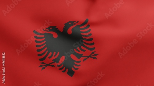 National flag of Albania waving 3D Render, Republic of Albania flag textile, Flamuri Kombetar or Flamuri i Republikes se Shqiperise Designed by Sadik Kaceli photo
