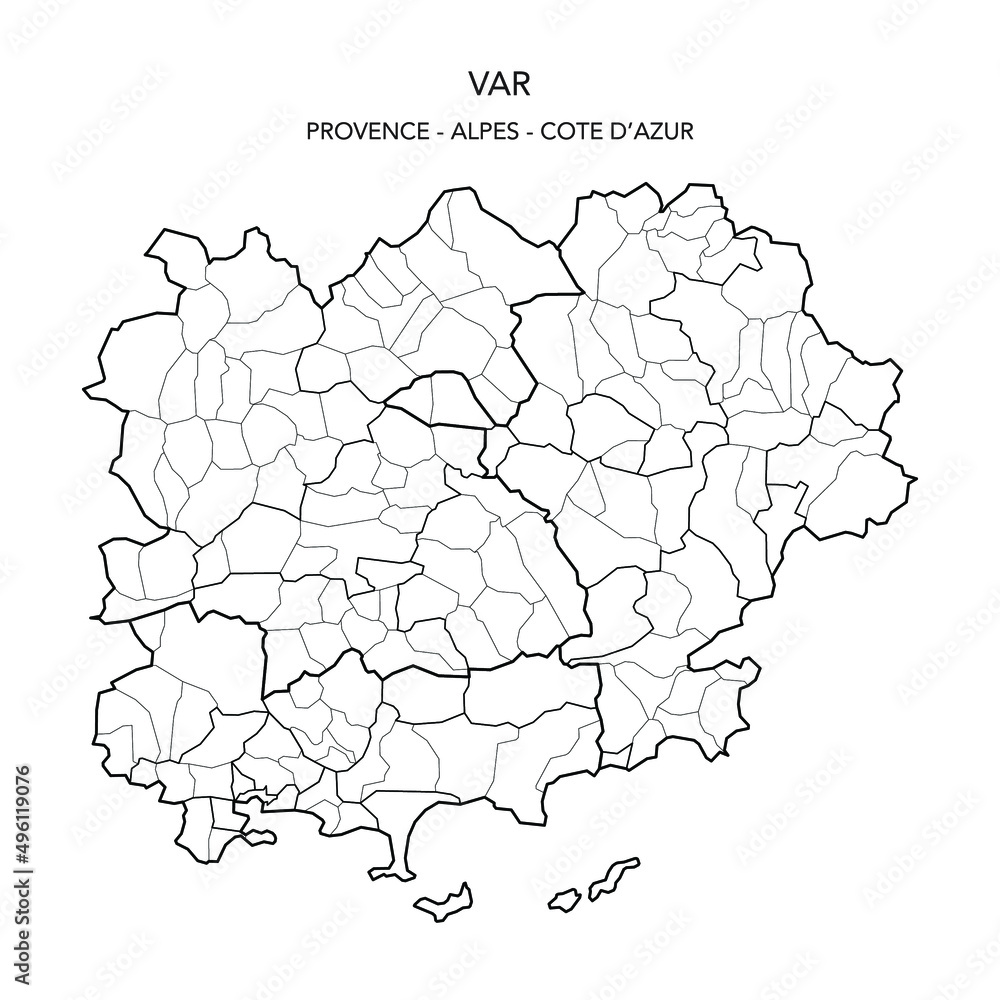 Vector Map of the Geopolitical Subdivisions of the French Department of Var Including Arrondissements, Cantons and Municipalities as of 2022 - Provence Alpes Côte d’Azur - France