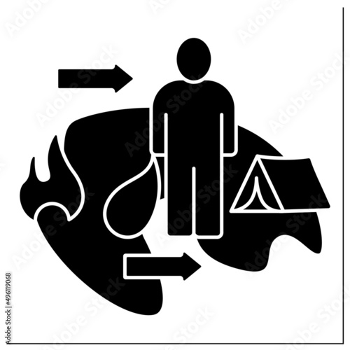 Refugee glyph icon. Forced country leaving to escape war, persecution, or natural disaster. Homelessness. Migration concept.Filled flat sign. Isolated silhouette vector illustration