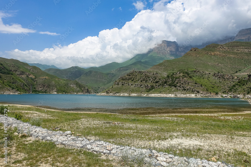 Picturesque mountain lake Gizhgit in Kabardino-Balkaria. Elbrus Region of Russia June 2021.
