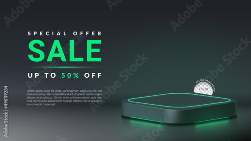 Square podium with green neon lights. Vector illustration