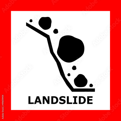 Beware of rockfall mountain hill landslide natural disaster warning sign black icon in red square frame flat vector design.