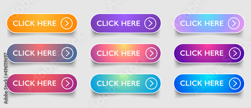 Click Here colourful 3d button set. Vector design
