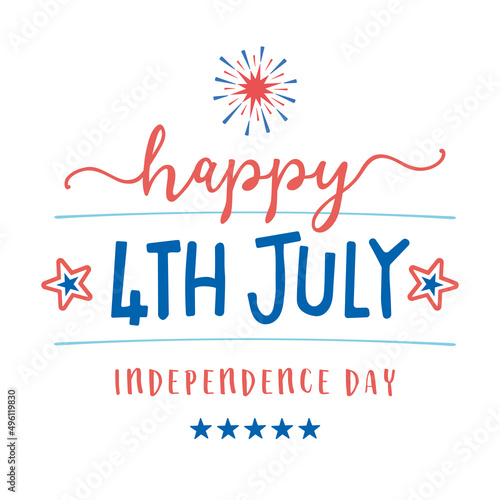 Happy Fourth of July Independence Day - greeting design with handwritten brush calligraphy and firework burst rays, stars. Vector illustration